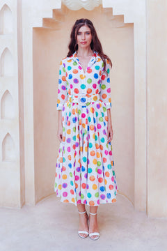 Aster Dress Shirt Collar 3/4 Sleeve Midi Length Cotton Musola (Watercolor Dots Small)