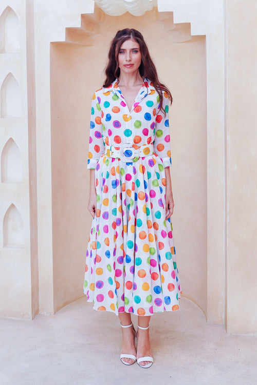 Aster Dress Shirt Collar 3/4 Sleeve Midi Length Cotton Musola (Watercolor Dots Small)