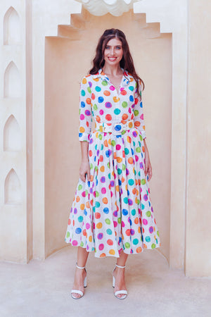 Aster Dress Shirt Collar 3/4 Sleeve Midi Length Cotton Musola (Watercolor Dots Small)