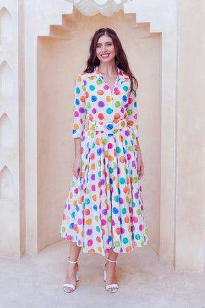 Aster Dress Shirt Collar 3/4 Sleeve Midi Length Cotton Musola (Watercolor Dots Small)