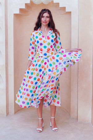 Aster Dress Shirt Collar 3/4 Sleeve Midi Length Cotton Musola (Watercolor Dots Small)