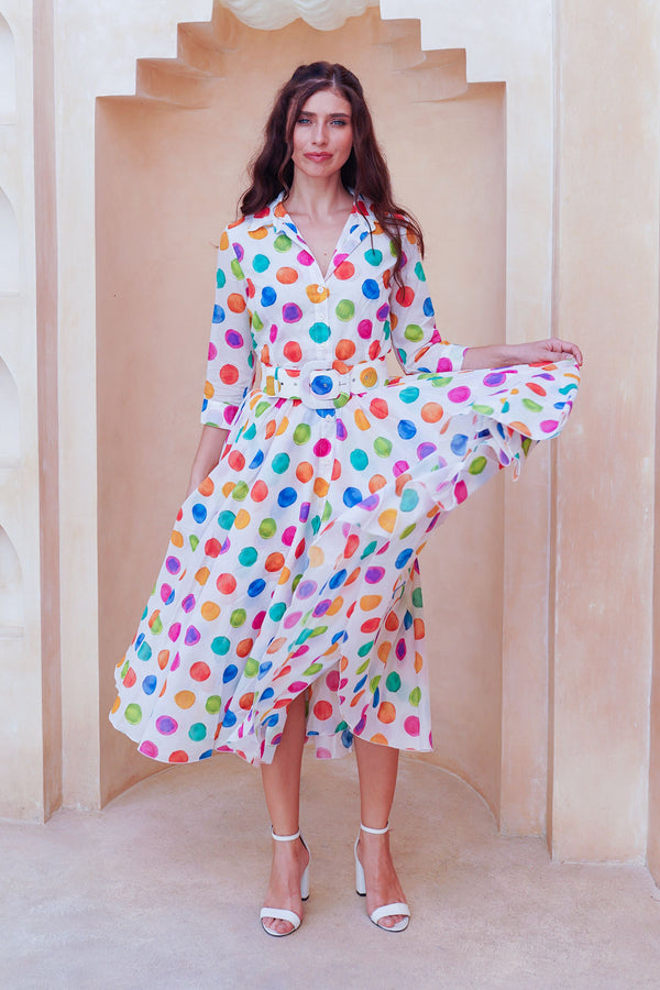 Aster Dress Shirt Collar 3/4 Sleeve Midi Length Cotton Musola (Watercolor Dots Small)