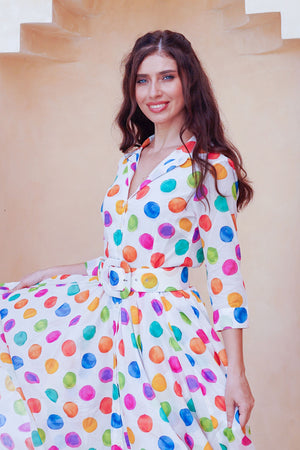 Aster Dress Shirt Collar 3/4 Sleeve Midi Length Cotton Musola (Watercolor Dots Small)