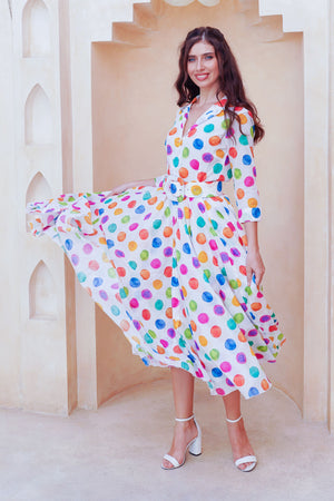 Aster Dress Shirt Collar 3/4 Sleeve Midi Length Cotton Musola (Watercolor Dots Small)