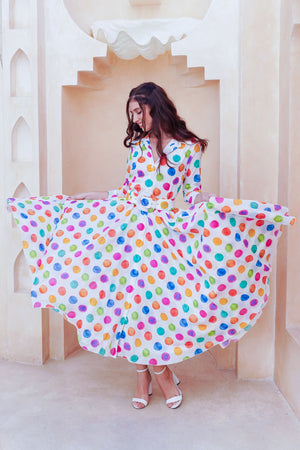 Aster Dress Shirt Collar 3/4 Sleeve Midi Length Cotton Musola (Watercolor Dots Small)