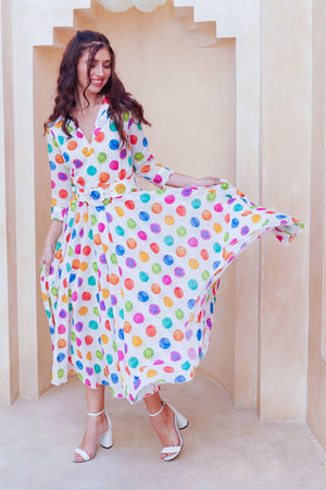 Aster Dress Shirt Collar 3/4 Sleeve Midi Length Cotton Musola (Watercolor Dots Small)