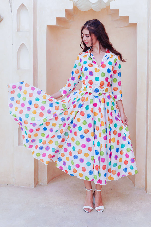 Aster Dress Shirt Collar 3/4 Sleeve Midi Length Cotton Musola (Watercolor Dots Small)