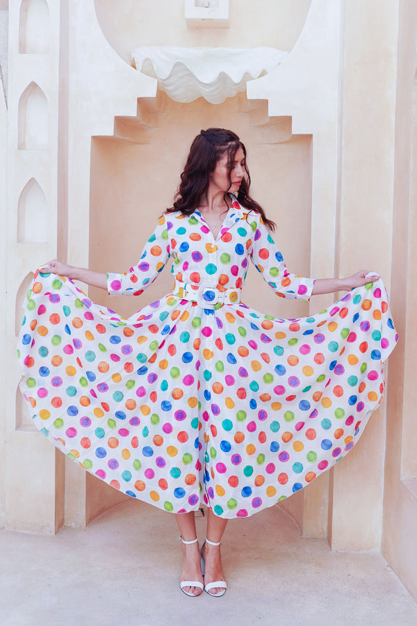 Aster Dress Shirt Collar 3/4 Sleeve Midi Length Cotton Musola (Watercolor Dots Small)