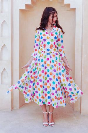 Aster Dress Shirt Collar 3/4 Sleeve Midi Length Cotton Musola (Watercolor Dots Small)