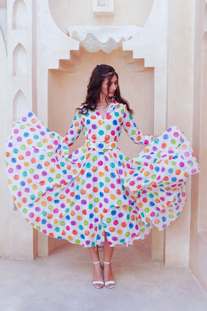 Aster Dress Shirt Collar 3/4 Sleeve Midi Length Cotton Musola (Watercolor Dots Small)