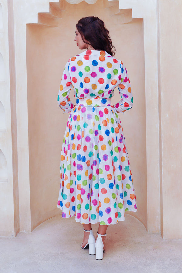 Aster Dress Shirt Collar 3/4 Sleeve Midi Length Cotton Musola (Watercolor Dots Small)