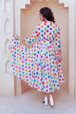 Aster Dress Shirt Collar 3/4 Sleeve Midi Length Cotton Musola (Watercolor Dots Small)