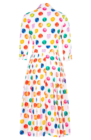 Audrey Dress #2 Shirt Collar 3/4 Sleeve Midi Length Cotton Stretch (Watercolor Dots)
