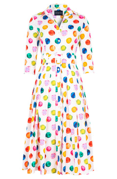 Audrey Dress #2 Shirt Collar 3/4 Sleeve Midi Length Cotton Stretch (Watercolor Dots)