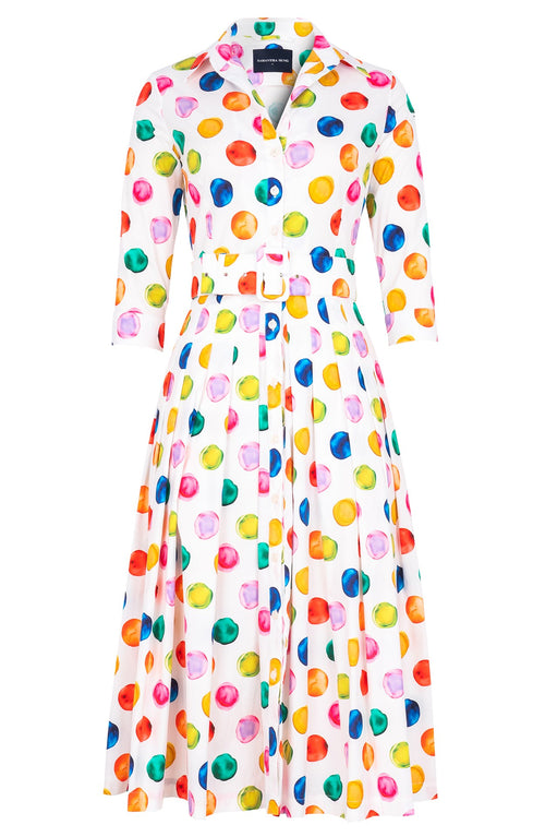 Audrey Dress #2 Shirt Collar 3/4 Sleeve Midi Length Cotton Stretch (Watercolor Dots)