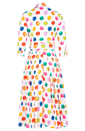 Audrey Dress #2 Shirt Collar 3/4 Sleeve Midi Length Cotton Stretch (Watercolor Dots)