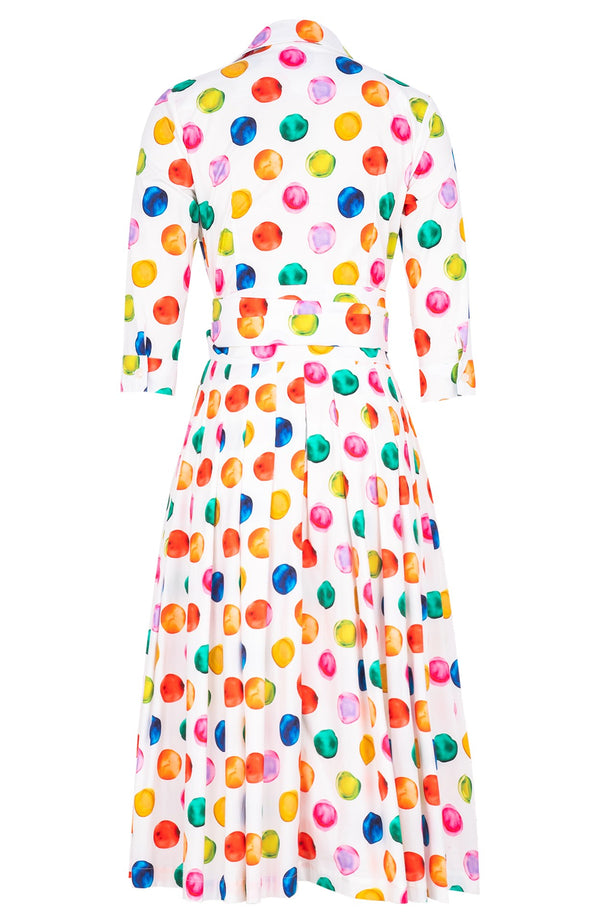Audrey Dress #2 Shirt Collar 3/4 Sleeve Midi Length Cotton Stretch (Watercolor Dots)