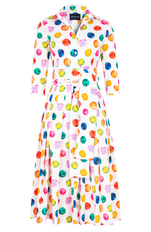 Audrey Dress #2 Shirt Collar 3/4 Sleeve Midi Length Cotton Stretch (Watercolor Dots)