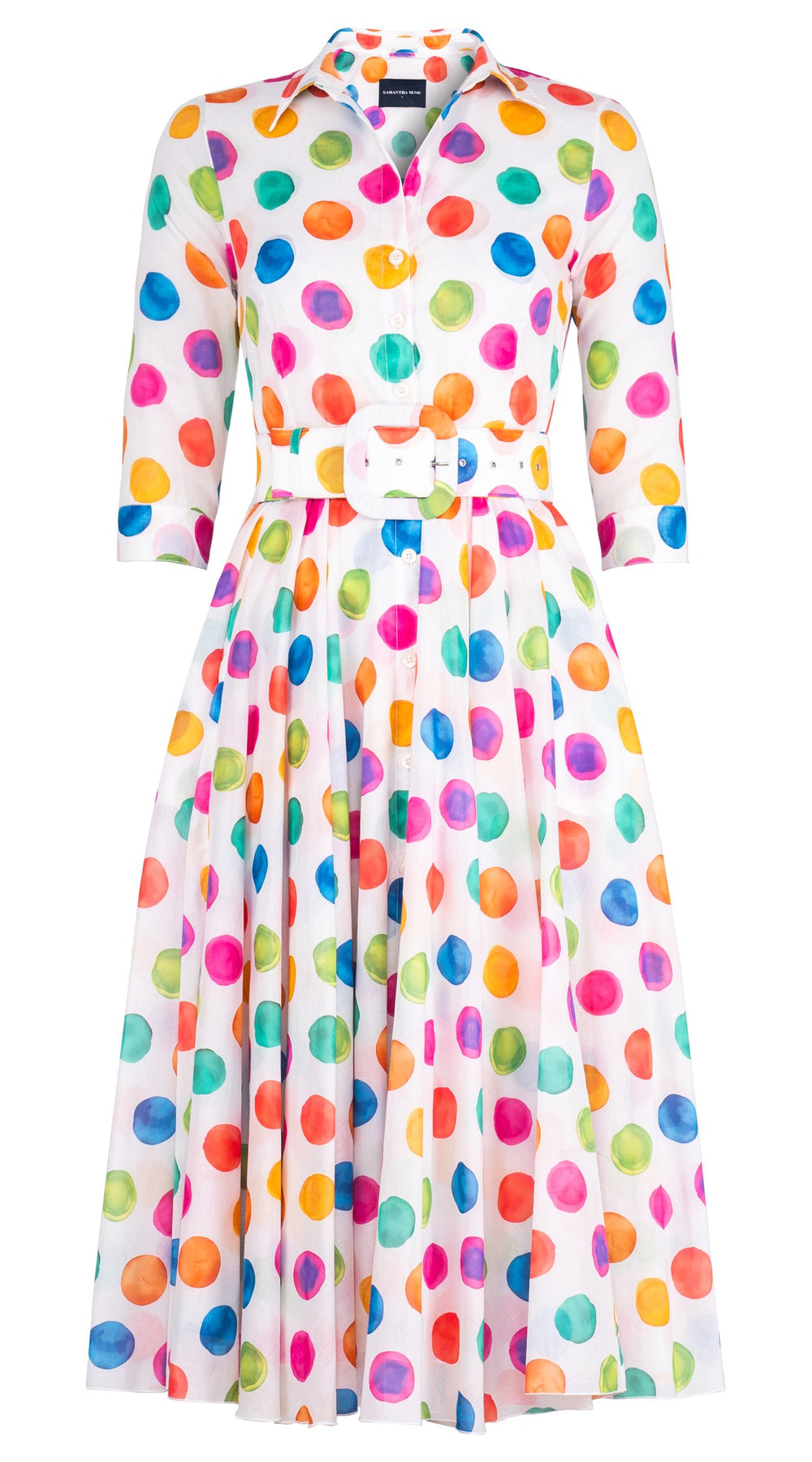 Aster Dress Shirt Collar 3/4 Sleeve Midi Length Cotton Musola (Watercolor Dots Small)