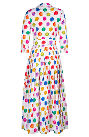Audrey Dress #2 Shirt Collar 3/4 Sleeve Ankle Length Cotton Stretch (Watercolor Dots)