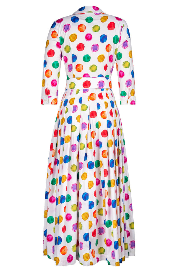 Audrey Dress #2 Shirt Collar 3/4 Sleeve Ankle Length Cotton Stretch (Watercolor Dots)