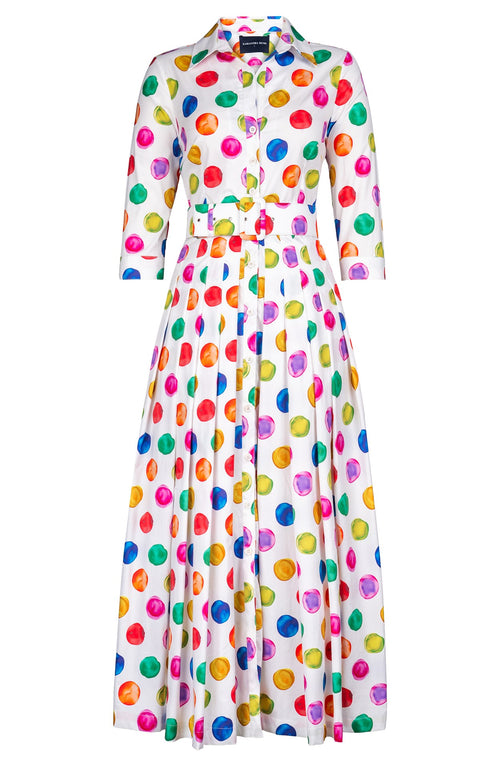 Audrey Dress #2 Shirt Collar 3/4 Sleeve Ankle Length Cotton Stretch (Watercolor Dots)