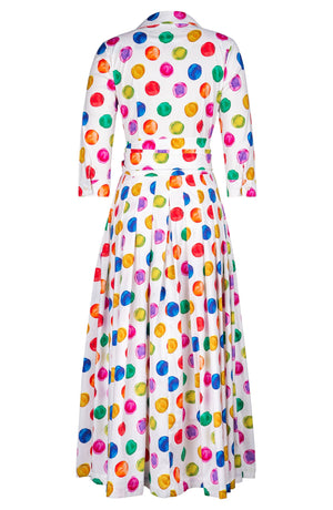 Audrey Dress #2 Shirt Collar 3/4 Sleeve Ankle Length Cotton Stretch (Watercolor Dots)