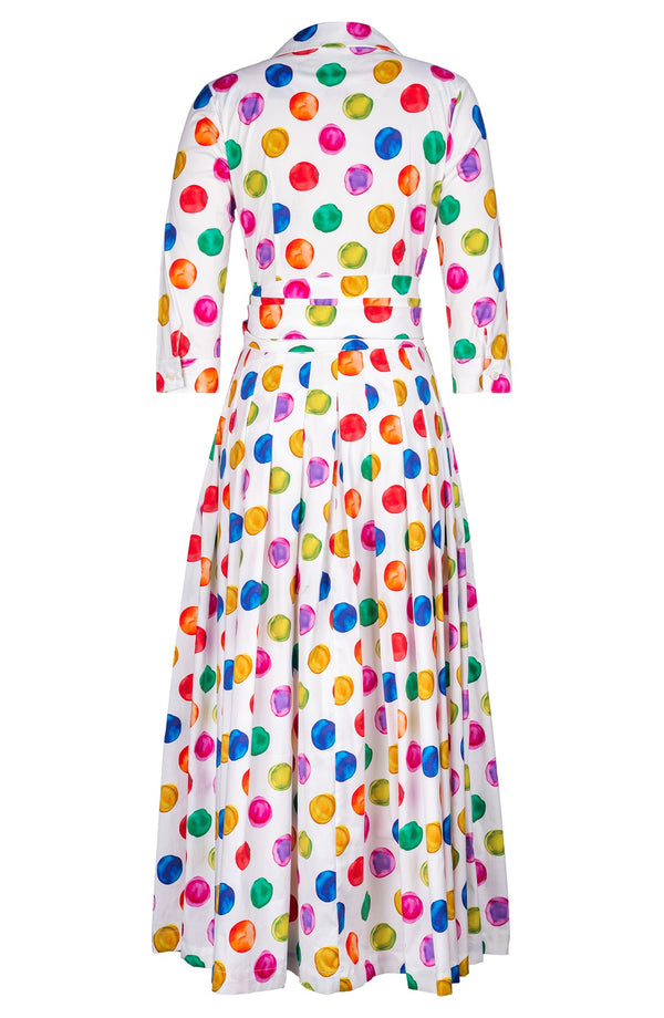 Audrey Dress #2 Shirt Collar 3/4 Sleeve Ankle Length Cotton Stretch (Watercolor Dots)