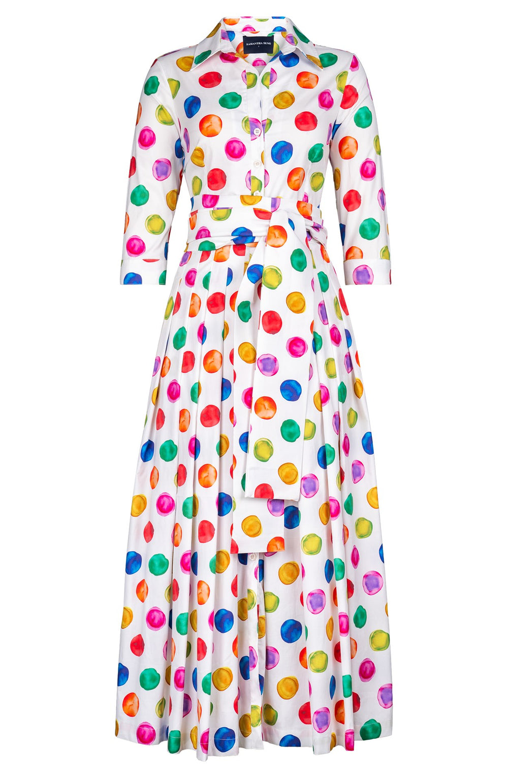 Audrey Dress #2 Shirt Collar 3/4 Sleeve Ankle Length Cotton Stretch (Watercolor Dots)