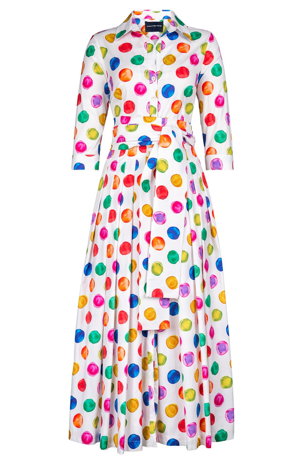 Audrey Dress #2 Shirt Collar 3/4 Sleeve Ankle Length Cotton Stretch (Watercolor Dots)