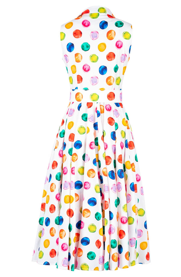 Gigi Dress Shirt Collar Sleeveless Midi Length Cotton Stretch (Watercolor Dots)