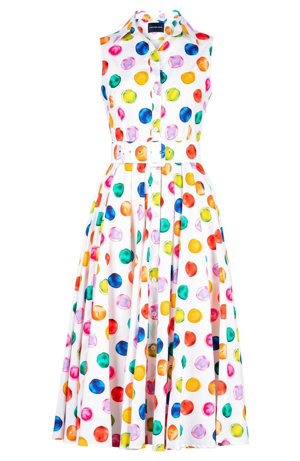 Gigi Dress Shirt Collar Sleeveless Midi Length Cotton Stretch (Watercolor Dots)