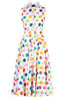 Gigi Dress Shirt Collar Sleeveless Midi Length Cotton Stretch (Watercolor Dots)