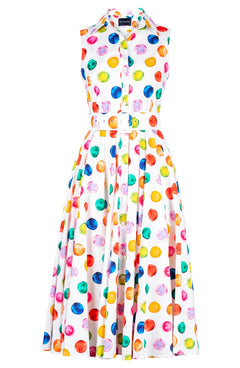 Gigi Dress Shirt Collar Sleeveless Midi Length Cotton Stretch (Watercolor Dots)