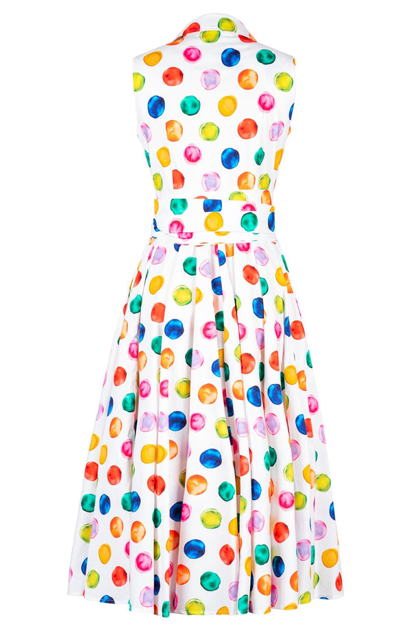 Gigi Dress Shirt Collar Sleeveless Midi Length Cotton Stretch (Watercolor Dots)
