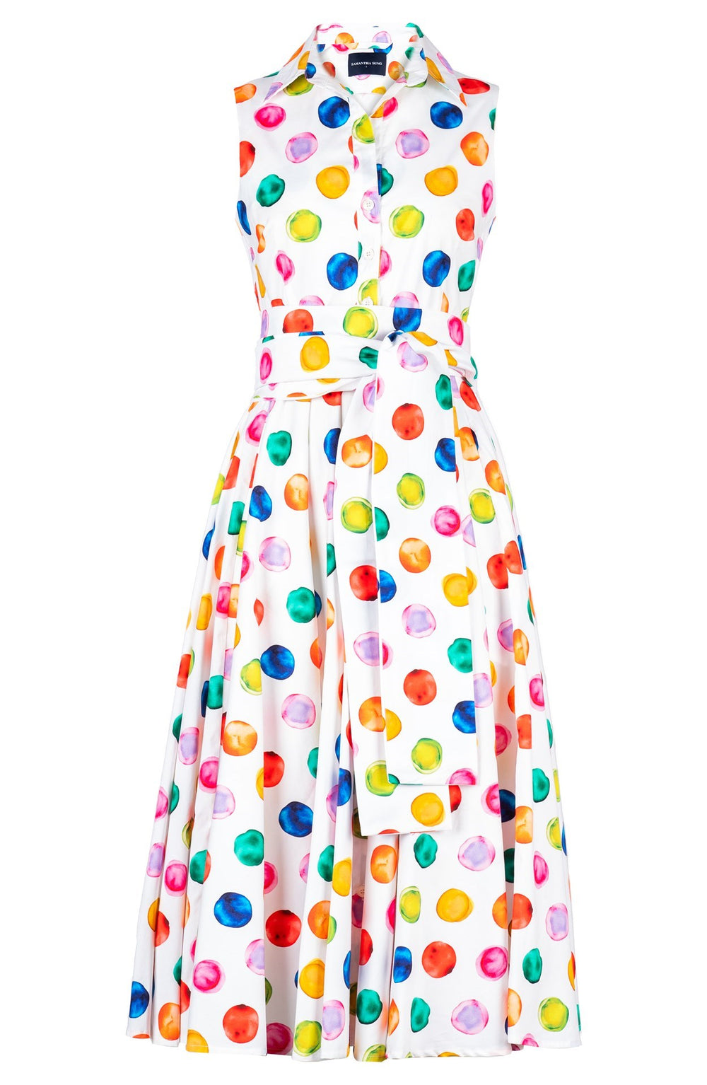 Gigi Dress Shirt Collar Sleeveless Midi Length Cotton Stretch (Watercolor Dots)