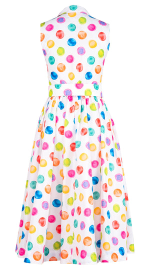Terry Dress Shirt Collar Sleeveless Midi Plus Length Silk Taffta (Watercolor Dots Small)