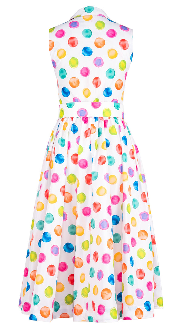 Terry Dress Shirt Collar Sleeveless Midi Plus Length Silk Taffta (Watercolor Dots Small)
