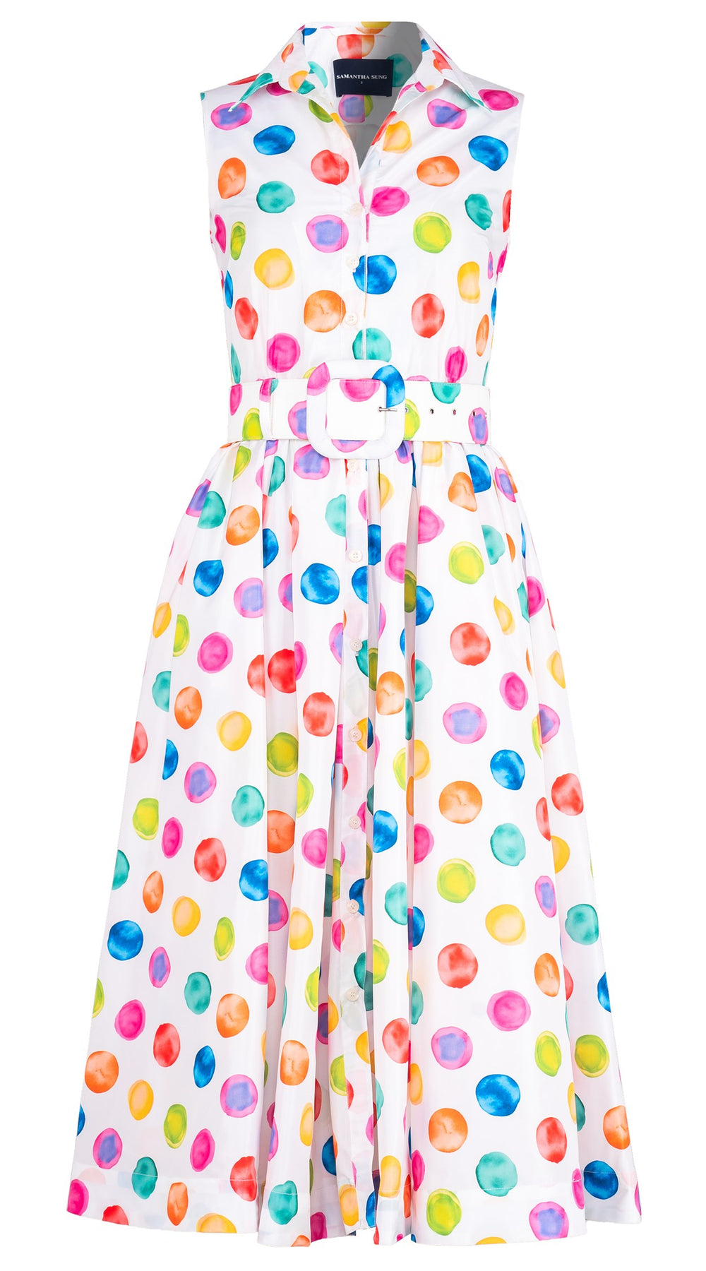 Terry Dress Shirt Collar Sleeveless Midi Plus Length Silk Taffta (Watercolor Dots Small)