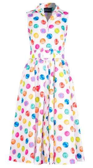 Terry Dress Shirt Collar Sleeveless Midi Plus Length Silk Taffta (Watercolor Dots Small)