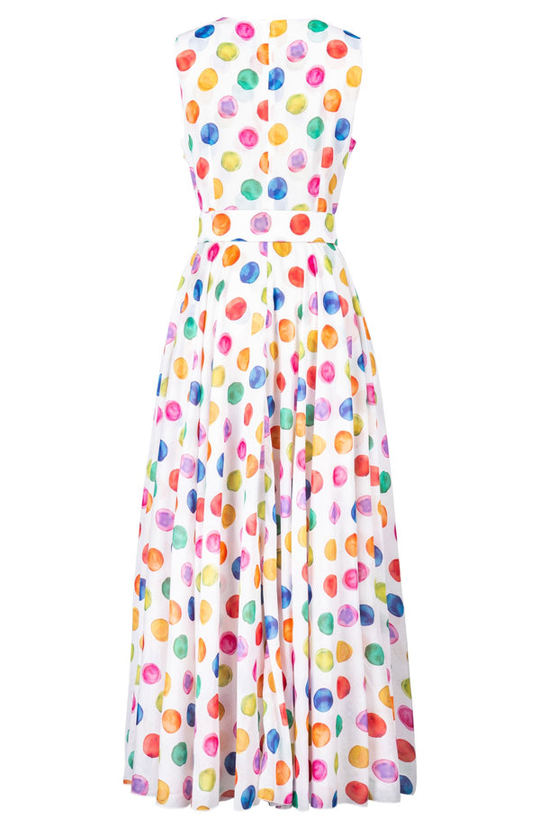 Aster Dress Crew Neck Sleeveless Tea Length Cotton Musola (Watercolor Dots)