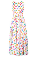 Aster Dress Crew Neck Sleeveless Tea Length Cotton Musola (Watercolor Dots)