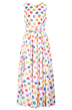 Aster Dress Crew Neck Sleeveless Tea Length Cotton Musola (Watercolor Dots)