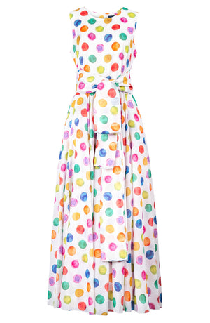 Aster Dress Crew Neck Sleeveless Tea Length Cotton Musola (Watercolor Dots)
