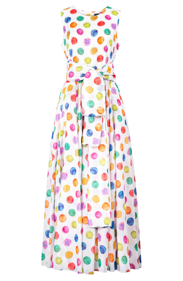 Aster Dress Crew Neck Sleeveless Tea Length Cotton Musola (Watercolor Dots)