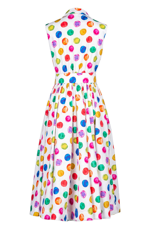 Terry Dress Shirt Collar Sleeveless Midi Length Cotton Stretch (Watercolor Dots)