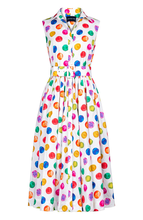 Terry Dress Shirt Collar Sleeveless Midi Length Cotton Stretch (Watercolor Dots)
