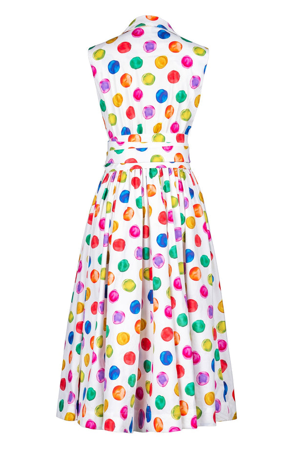 Terry Dress Shirt Collar Sleeveless Midi Length Cotton Stretch (Watercolor Dots)