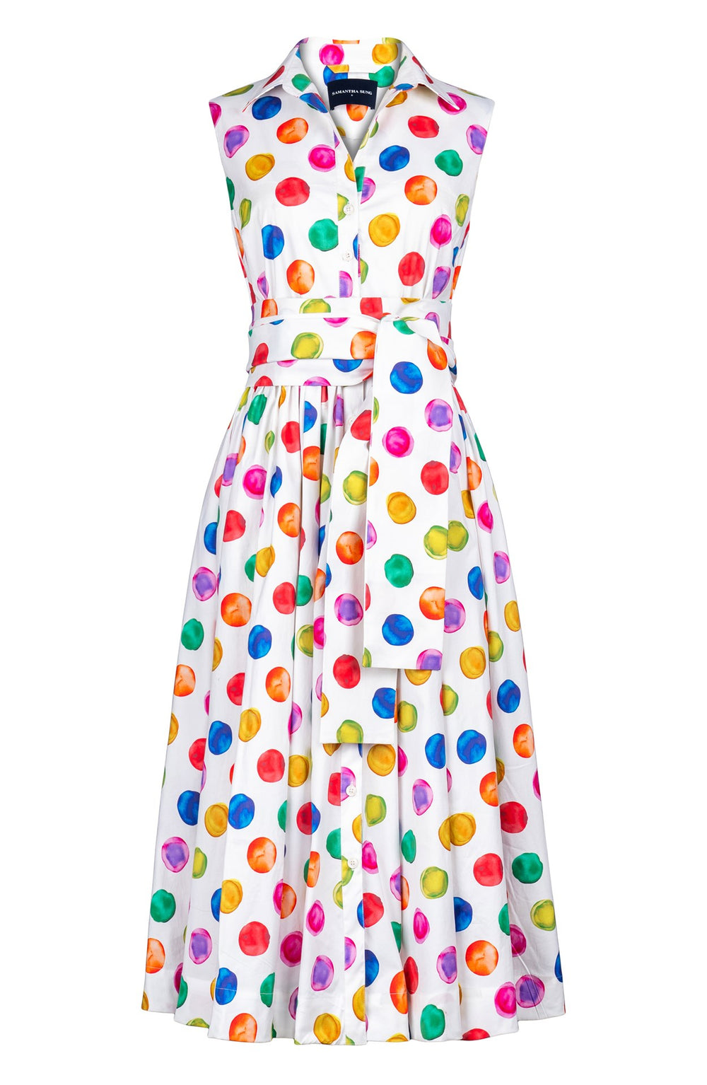 Terry Dress Shirt Collar Sleeveless Midi Length Cotton Stretch (Watercolor Dots)