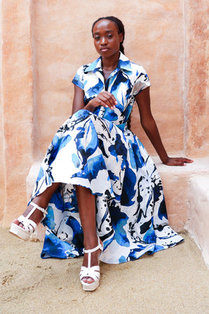 Amber Dress Shirt Collar Short Cuff Sleeve Midi Length Silk Taffta (Watercolor Foliage White)